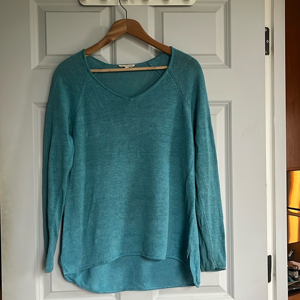 Gorgeous Eileen Fisher linen hi-lo pullover wide v scoop neck sweater pool blue